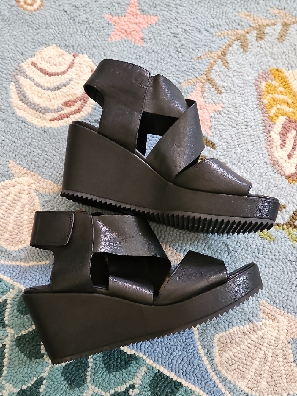 Eileen Fisher WhimseyBlack Leather Crisscross Wedge Sandals